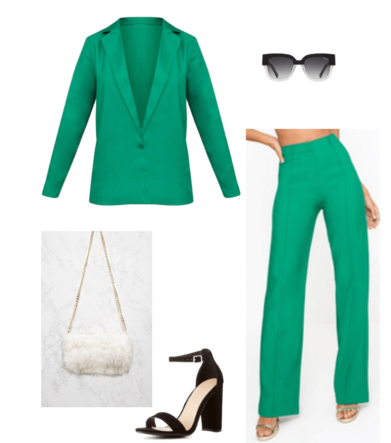 Outfit inspired by Cardi B's New York Fashion Week look. Green matching suit, white fur clutch, black heels, statement Quay sunglasses