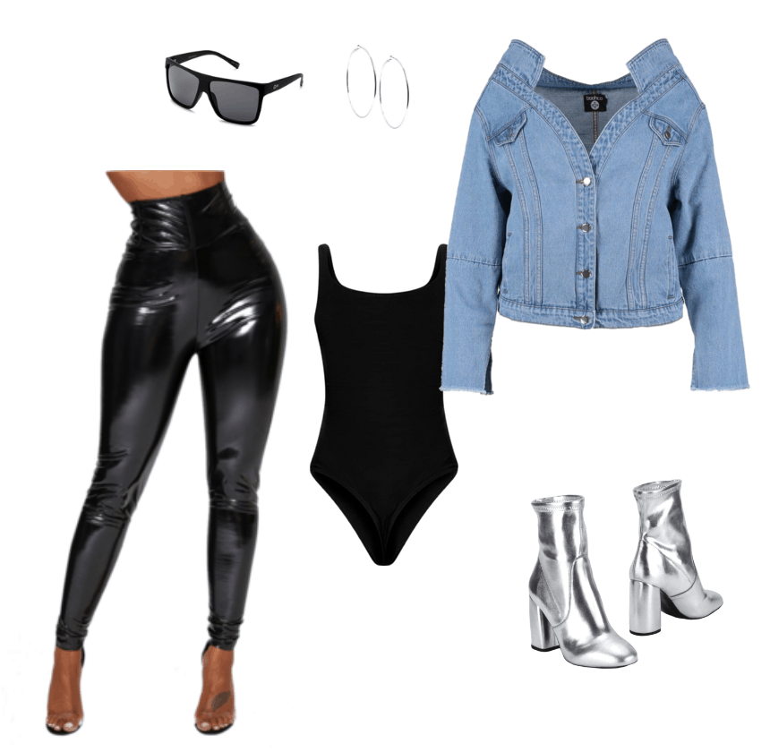 Outfit inspired by Lala Anthony's NYFW outfit. Off the shoulder jacket, leather pants, metallic bootie, bold sunglasses