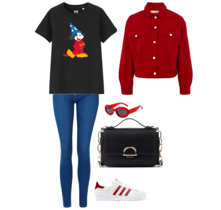 What to wear to the Disney parks: Outfit with blue jeans, Mickey Mouse tee shirt, burgundy denim jacket, black chain strap handbag, red sunglasses, Adidas sneakers