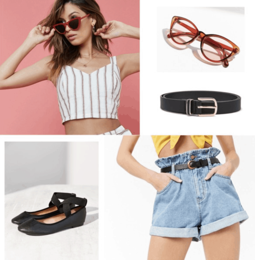 cropped cami, stripes, vintage sunglasses, red, black belt, faux leather, flats, high waisted shorts, denim