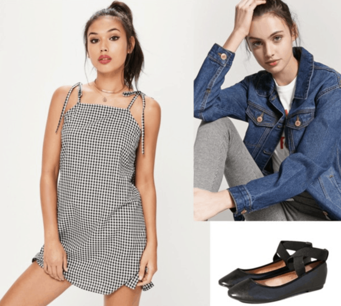 gingham, shift dress, denim jacket, black flats, spring