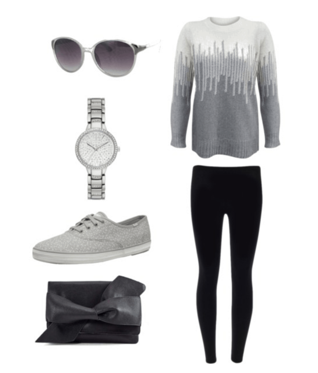 Cute everyday outfit: Black leggings, gray and white sweater, gray Keds sneakers, black bow clutch, silver watch, silver sunglasses