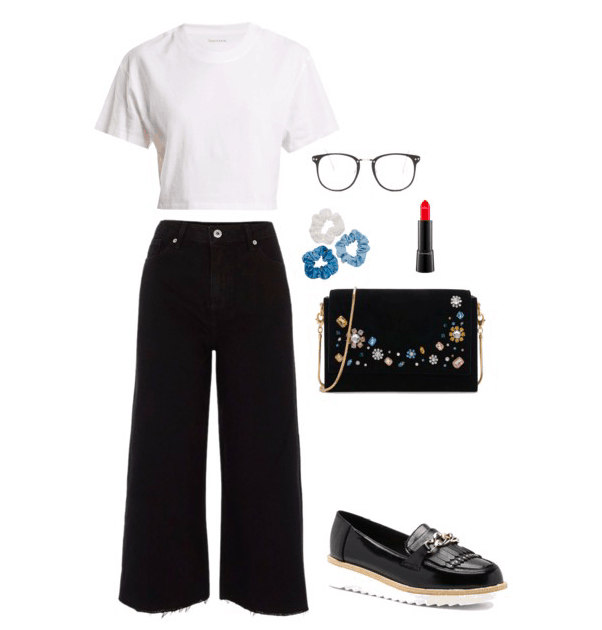 White t-shirt, jeans, loafer, glasses, lipstick and purse