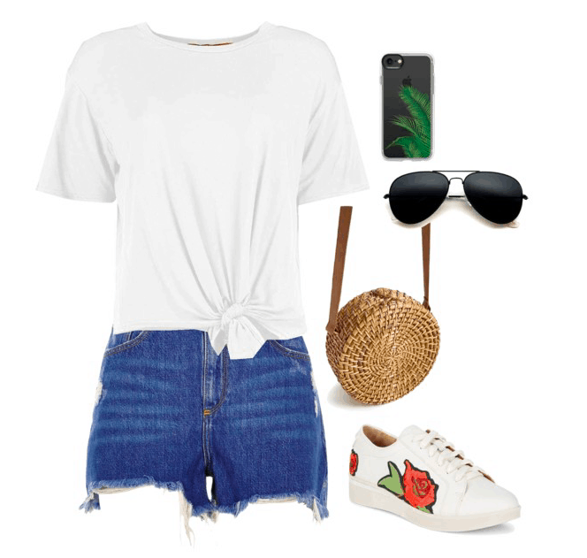 White t-shirt, shorts, phone case, sunglasses, straw bag, sneakers