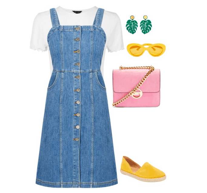 White t-shirt, denim dress, tropical earrings, sunglasses, cross body, espadrilles