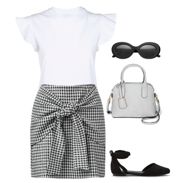 White t-shirt, gingham skirt, handbag, sunglasses and flats