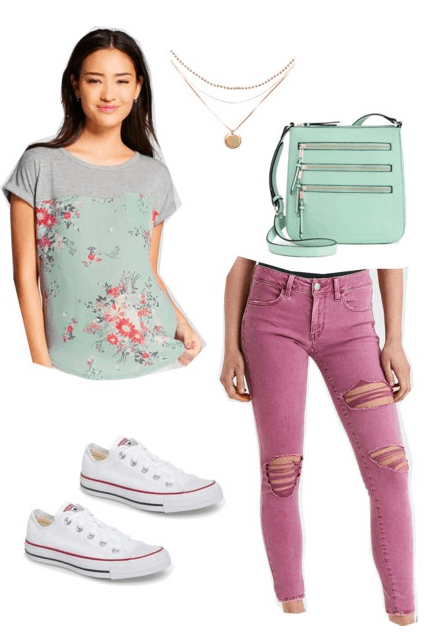 How to wear florals this spring: Outfit idea with layered floral tee shirt, fuchsia jeans, mint green crossbody bag, layered gold necklaces, white Converse sneakers