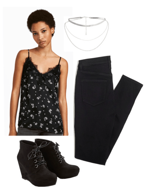 How to pull off florals if your style is edgy: Outfit idea with black floral cami, black jeans, layered necklace, lace-up ankle boots