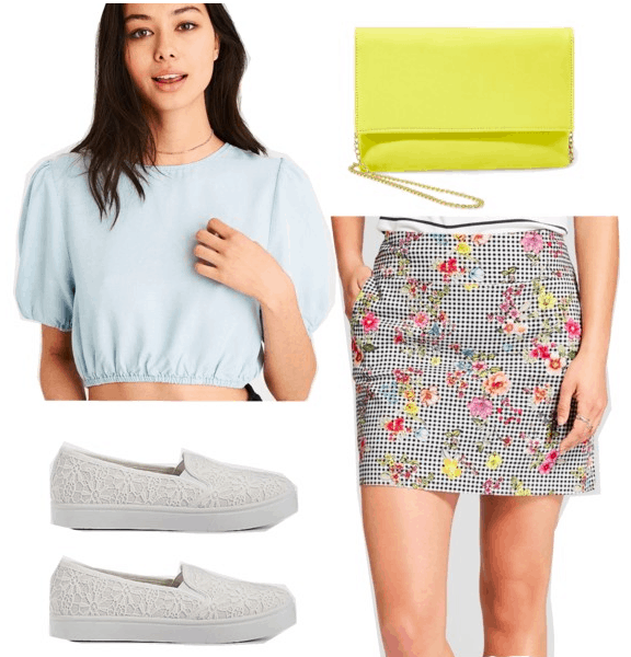 How to wear florals: Floral and gingham print skirt, pale blue crop top with puff sleeves, white lace slip-on sneakers, yellow crossbody bag