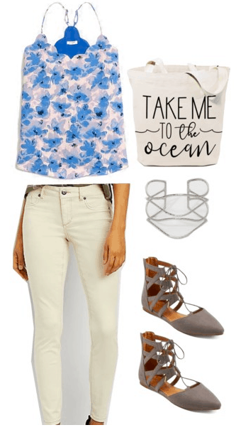 How to wear florals for spring: Outfit with blue and white floral cami top, tote bag that reads Take Me to the Ocean, white jeans, layered silver cuff bracelet, lace-up ballet flats in taupe