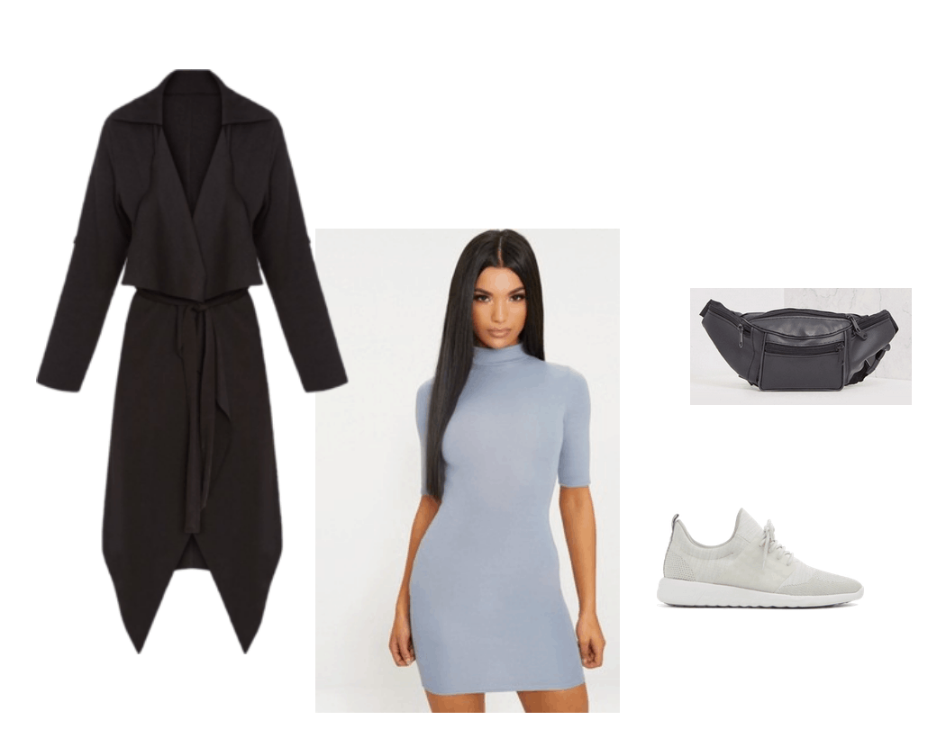 Outfit inspired by Kim K Tokyo trip. Blue dress, longline coat, fanny pack, sneakers