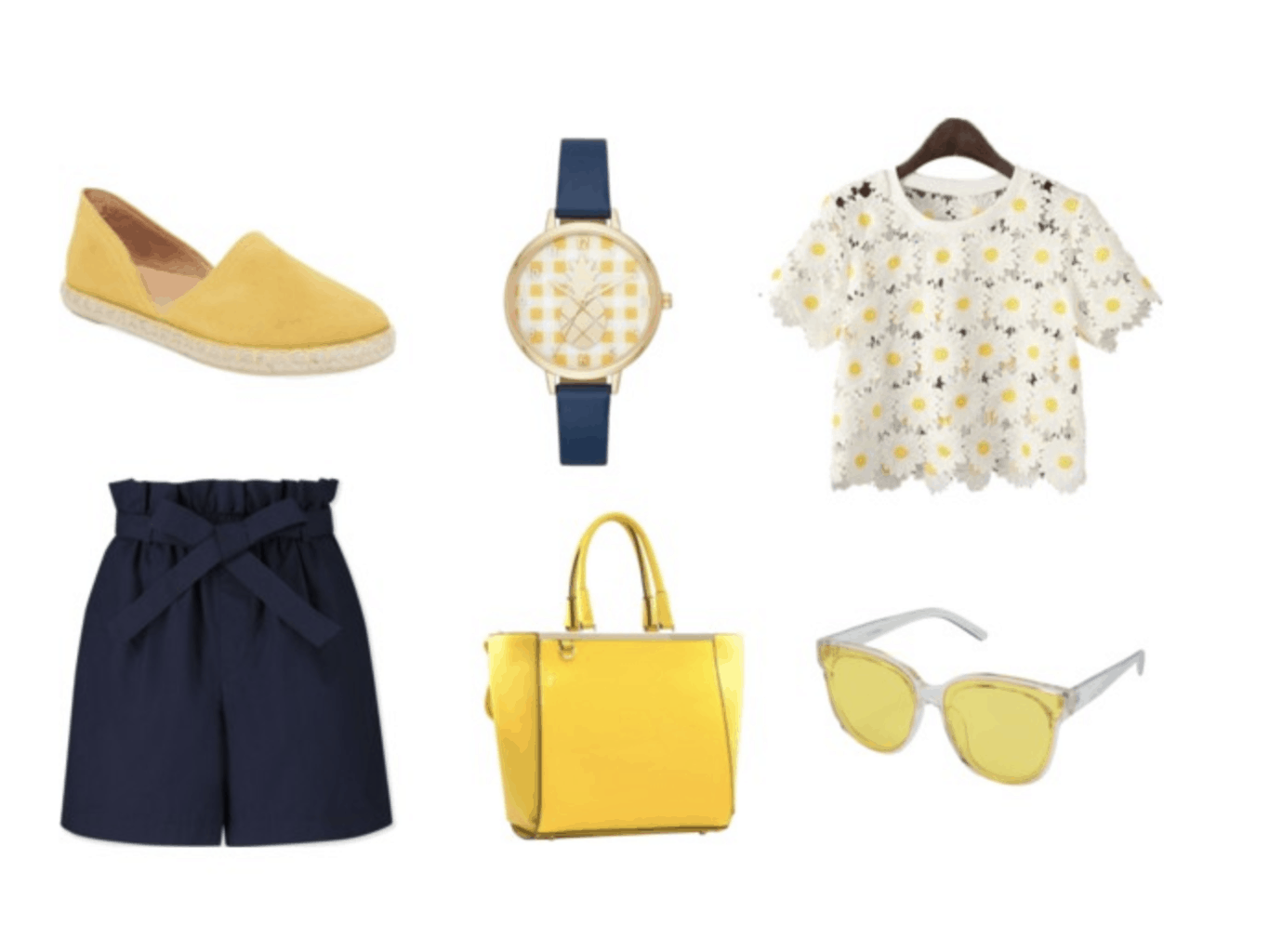 Navy blue shorts and watch, daisy top, yellow espadrilles, handbag and sunglasses.