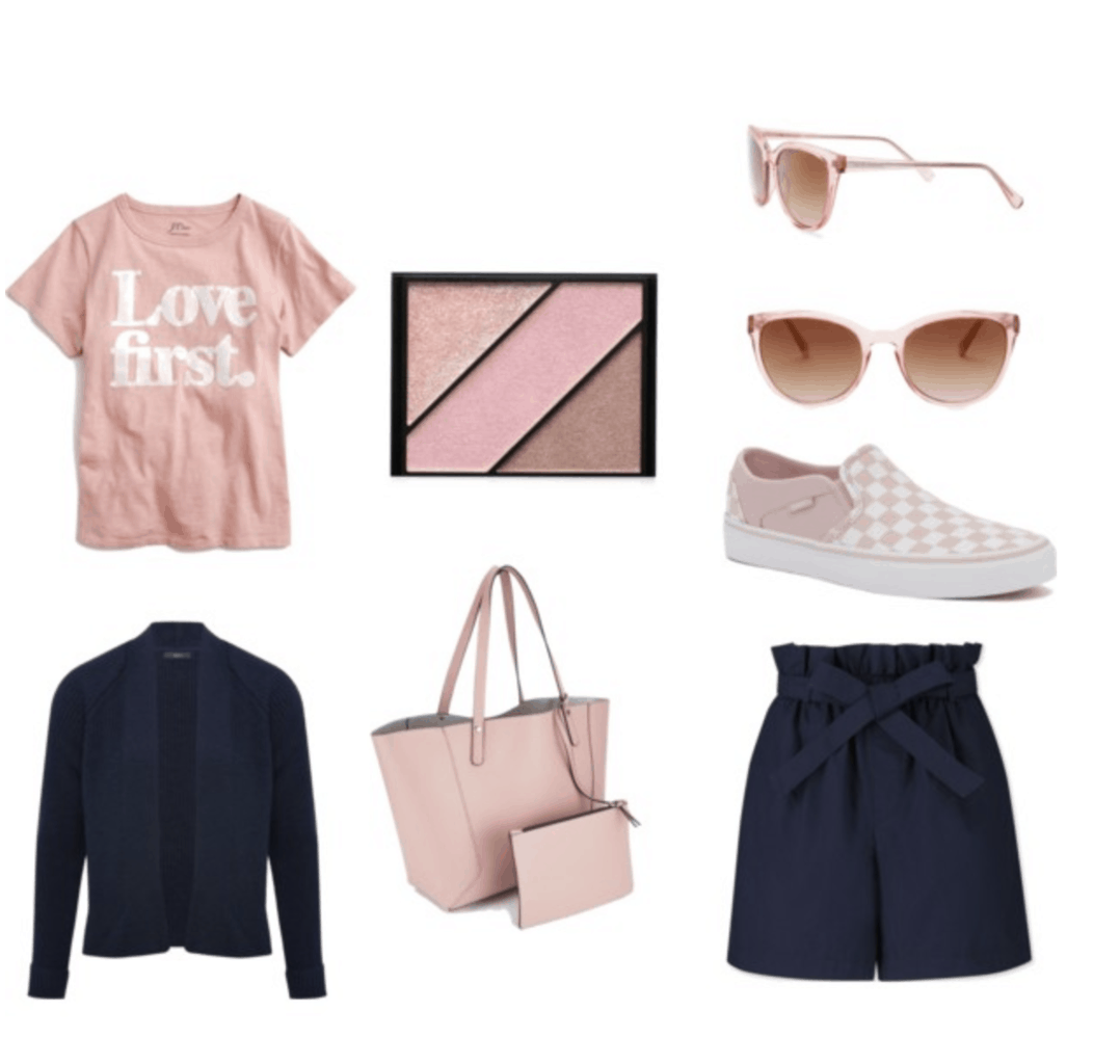 Navy shorts, navy cardigan, pink "love first" t-shirt, pink sneakers, pink tote bag and pink sunglasses.