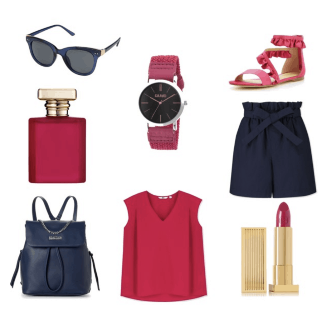 Navy shorts, backpack and sunglasses, hot pink top, sandals, watch, perfume and lipstick.