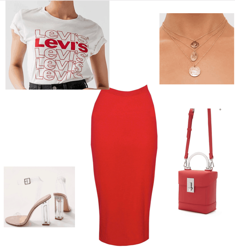 outfit inspired by Beyonce instagram post, red midi skirt