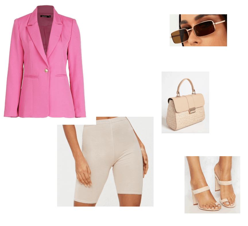 Summer  outfits featuring pink blazer and nude biker shorts