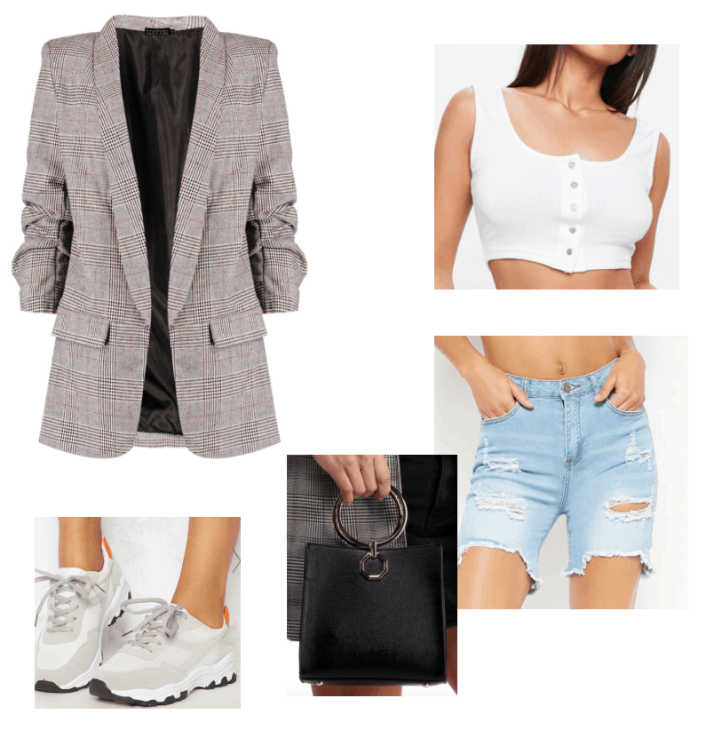 Summer outfit featuring plaid blazer and bermuda shorts