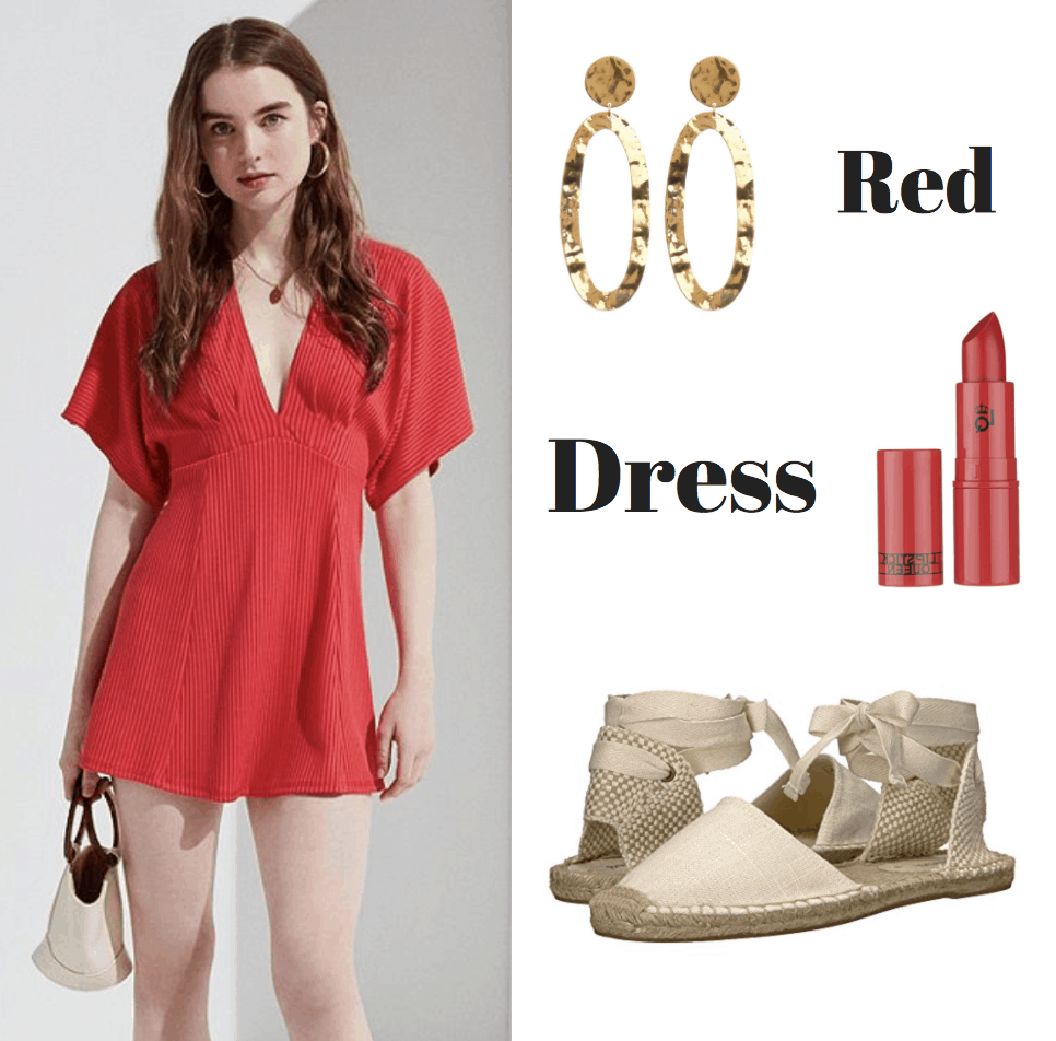 red dress, gold earrings, red lipstick, lace up sandals