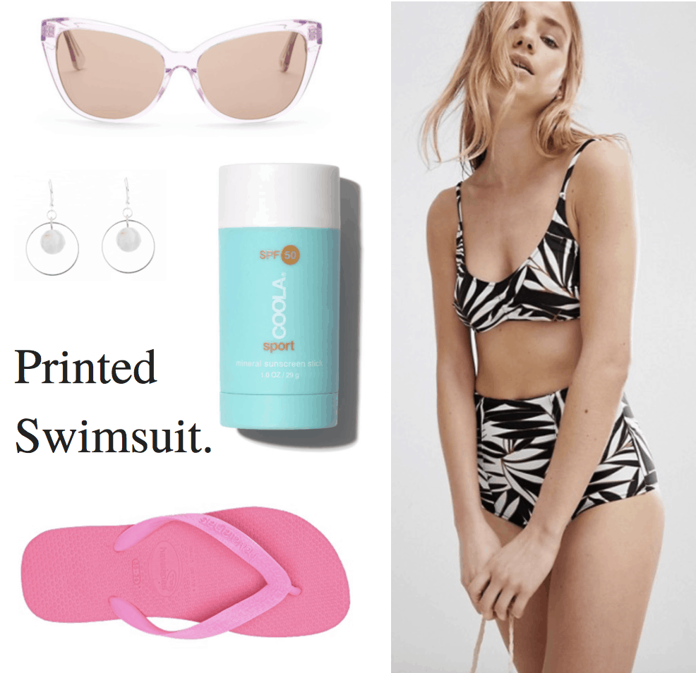 pink sunglasses, crystal earrings, sunscreen, pink flip flops, palm tree print bikini