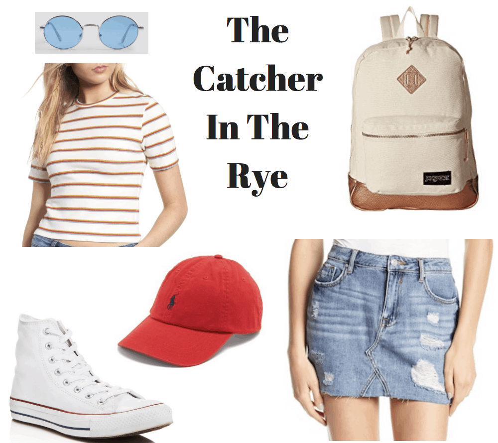 sunglasses, striped tee, red cap, converse, backpack, denim skirt