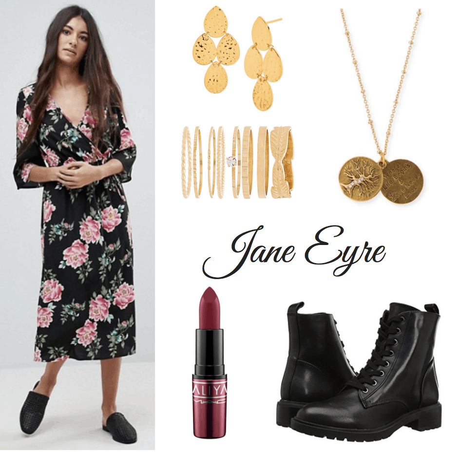 floral dress, gold earrings, ring set and necklace, lipstick, combat boots