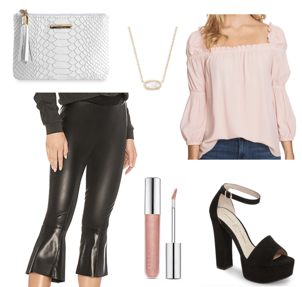 leather clutch, leather capris, pendant, lip gloss, chunky platforms, pink blouse