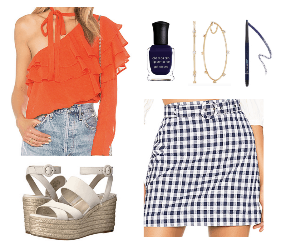 oranger blouse, cream wedges, navy polish and eyeliner, gingham skirt, hoop earrings