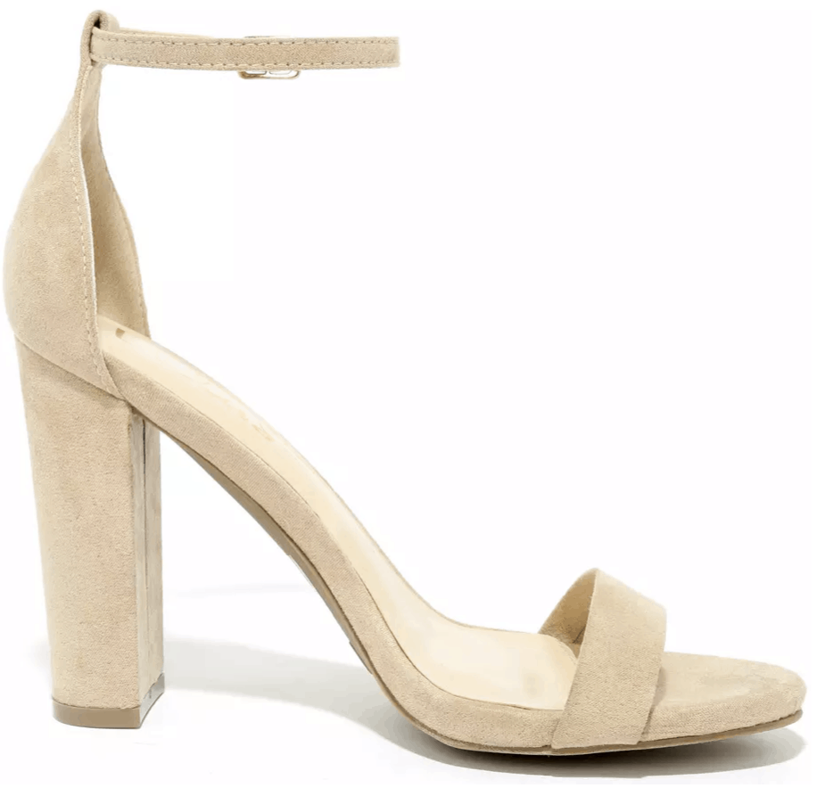 Nude open toed heels.