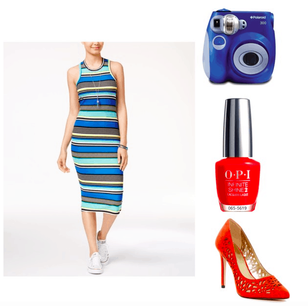 Outfit inspired by Alice from Rough Night: Striped midi dress, Polaroid camera in blue, red nail polish, red laser cut heels