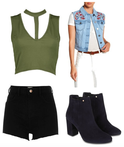 Outfit inspired by Frankie from Rough Night: Summer outfit idea with green choker neck crop top, blue embroidered denim vest, black high-waisted shorts, black suede ankle booties