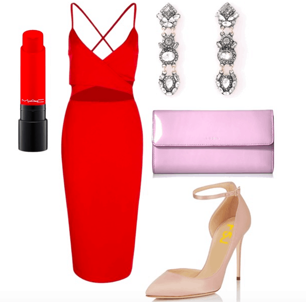 Outfit inspired by Jess from Rough Night: Front wrap red midi dress with cutout, red lipstick by MAC, jeweled statement earrings in clear, light pink patent clutch, nude pointed toe heels