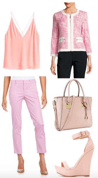 Outfit inspired by Blair from Rough Night: Pink pants, blush pink cami, pink and white tweed jacket with white trim, blush pink tote bag, pink wedges