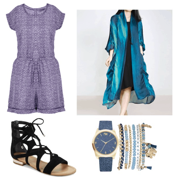 Outfit inspired by Pippa from Rough Night: Boho chic outfit idea including printed short sleeve romper, long satin kimono duster in blue, blue bracelets and watch, black gladiator sandals