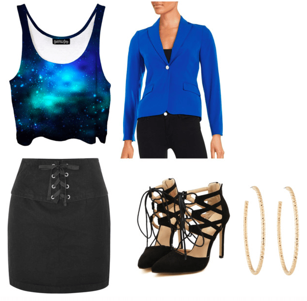 Film production design fashion: "Her" movie. Outfit inspired by Theodore's apartment: galaxy print top, black lace-up skirt, lace-up heels, cobalt blue blazer, gold hoop earrings