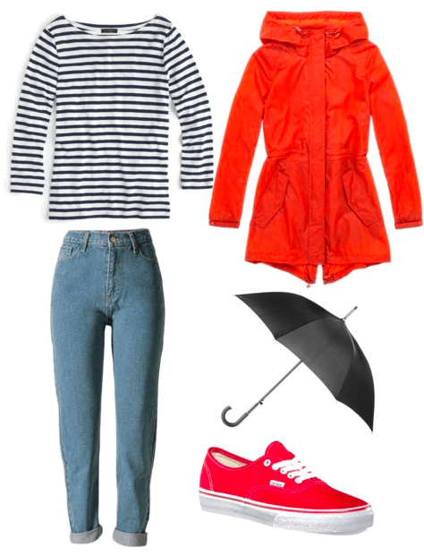 Rainy Day outfit: Striped tee, raincoat, umbrella, jeans, Vans