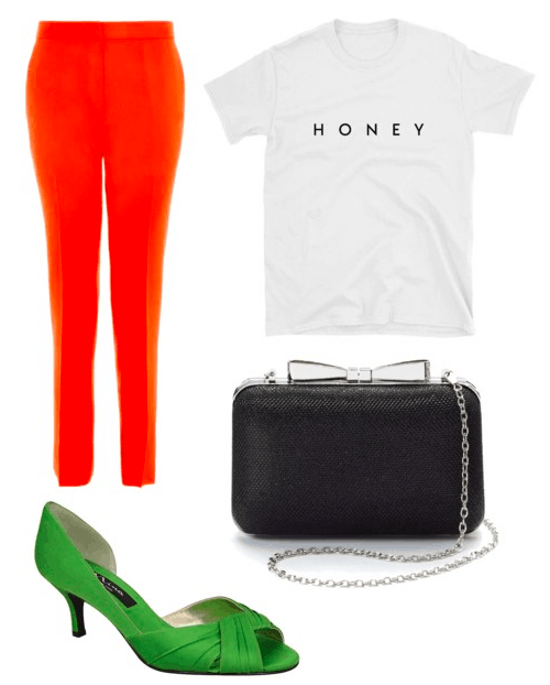 Film production design fashion: Outfit inspired by Theodore's office from "Her": Honey tee, bright orange pants, Black clutch, Green heels
