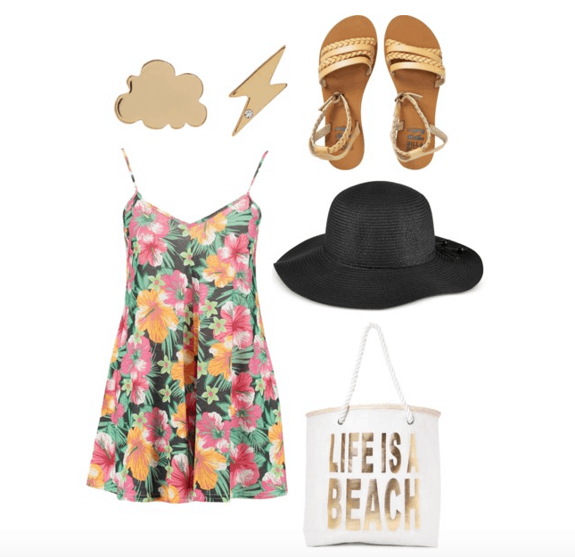 American Gods inspired outfit: floral dress, sandals, beach bag, thunderbolt studs, black hat