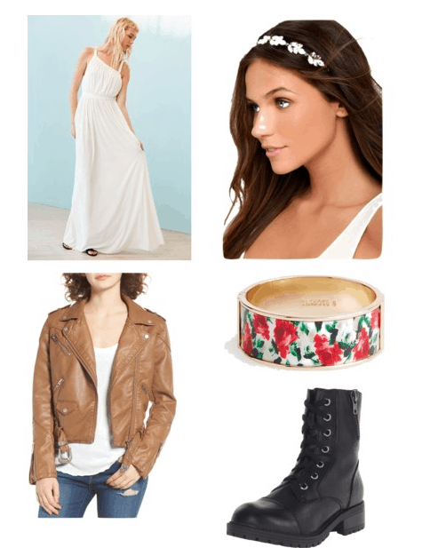 Outfit inspired by Anne theme: White maxi, flower crown, bracelet, leather jacket, and combat boots