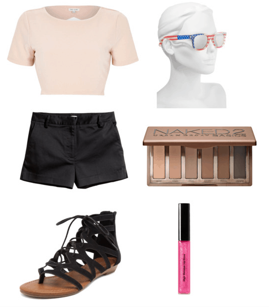 revised glow outfit: glasses, pink crop, black shorts, eyeshadow, lip gloss, sandals