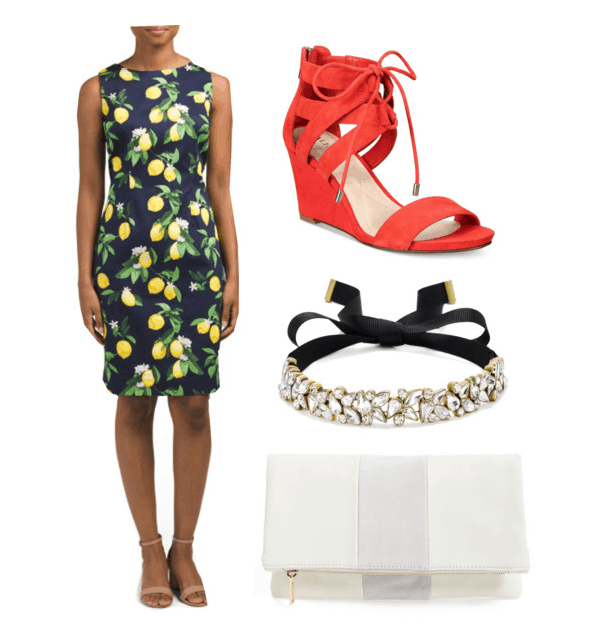 Outfit inspired by Jane's house: lemon dress, orange wedges, choker, clutch