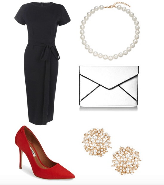 outfit inspired by the night manager: dress, pearl, clutch, studs, red heels