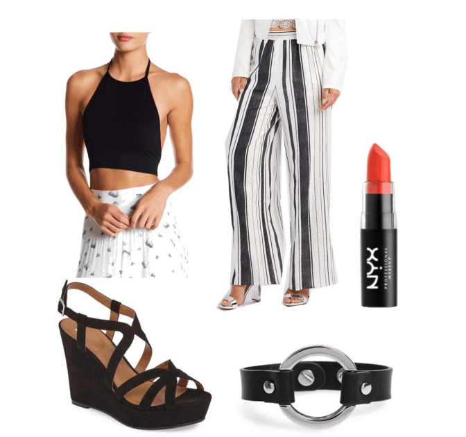 outfit inspired by vinyl- palazzo pants, crop top, bright lip, wedge, leather bracelet