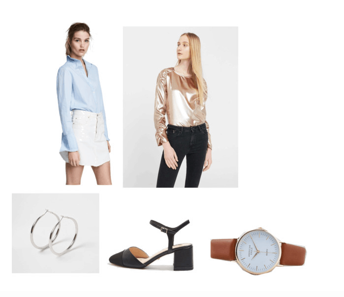 outfit inspired by elaine's room in The Graduate: skirt, metallic shirt, watch, sandal, hoop earrings
