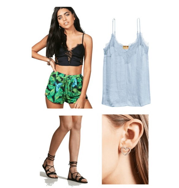 outfit inspired by the braddock backyard: cami top, tropical shorts, sandals, heart studs