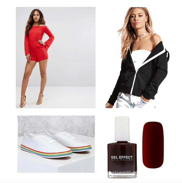 outfit inspired by do the right thing: romper, hoodie, shoes, and nails