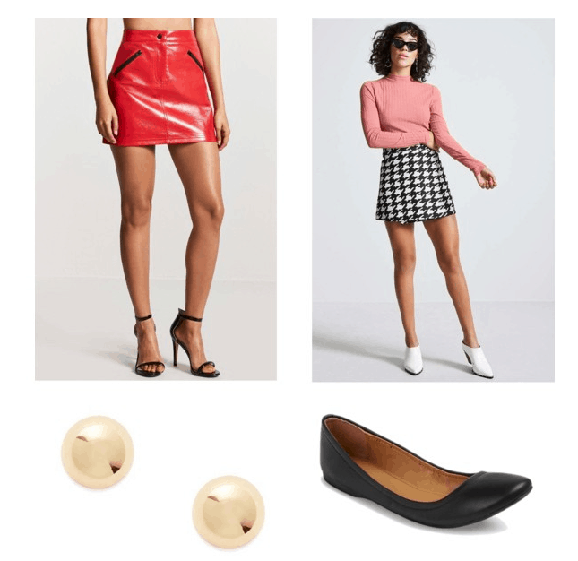 outfit inspired by buchanan's house: red leather skirt, pink ribbed shirt, black flats, gold studs