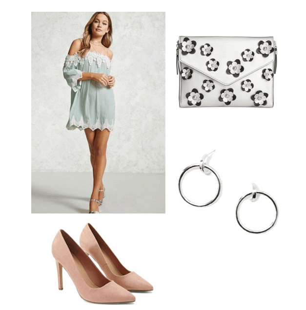 outfit inspired by gatsby's tea party: crochet off the shoulder dress, floral clutch, hoop earrings, pink heels