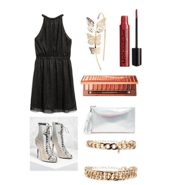 outfit inspired by gatsby's party: metallic dress, heels, clutch, nyx lip cream, butterfly headpiece, gold bracelet, naked palette