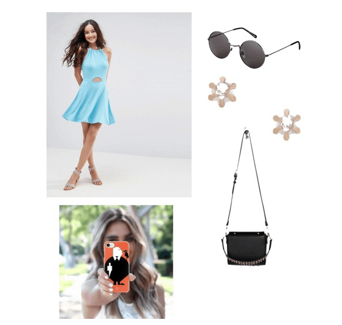 outfit inspired by single man theatre blue: halter dress, sunglasses, studs, satchel, phone case