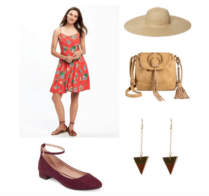 outfit inspired by charley's bedroom- sunhat, sundress, earrings, burgundy flats, and bag